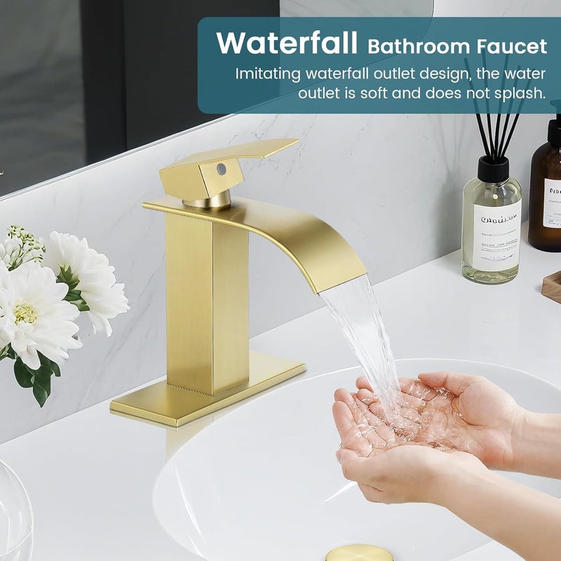 LUFG Bathroom Faucets Brushed Gold Waterfall Bathroom Sink Faucet Modern Single Handle Bathroom Faucet for 1 or 3 Hole Mxier Tap Washbasin Faucet with Deck, Pop-up Drain and Supply Hoses - Image 3